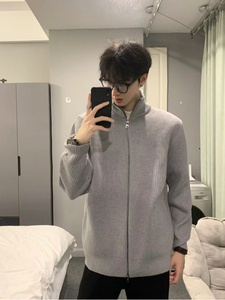 cleanfit灰色针织开衫外套男秋冬ootd穿搭高级感美式慵懒立领毛衣