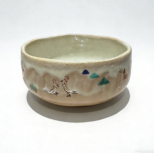 日本制 奈良 赤膚焼 匠人造 旅茶碗 手描きの奈良絵が 鹿 花喰鳥