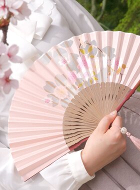 现货日本制京都名扇白竹堂京扇子 职人切绘刺绣珍珠光泽绫华 樱