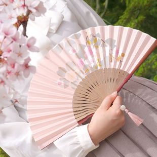 现货日本制京都名扇白竹堂京扇子 职人切绘刺绣珍珠光泽绫华 樱