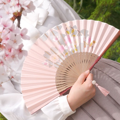 现货日本制京都名扇白竹堂京扇子 职人切绘刺绣珍珠光泽绫华 樱