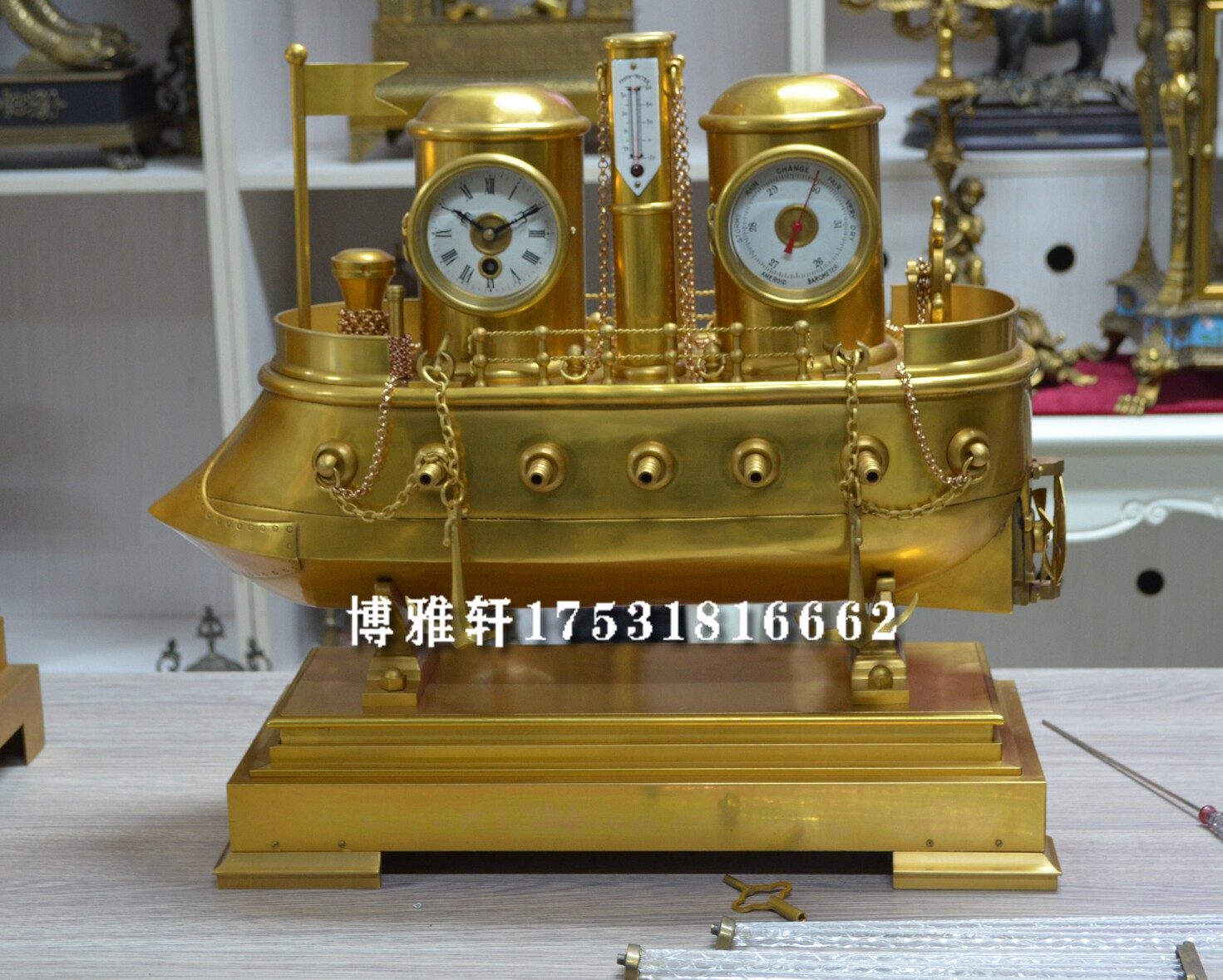 古轮船座钟故宫博物院藏品纯铜机械老式发条家居客厅摆件壁炉装饰