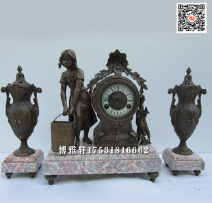 条案古典钟 钟表铸铜理石纯铜表芯大理石机械座钟整套花瓶搭配欧式