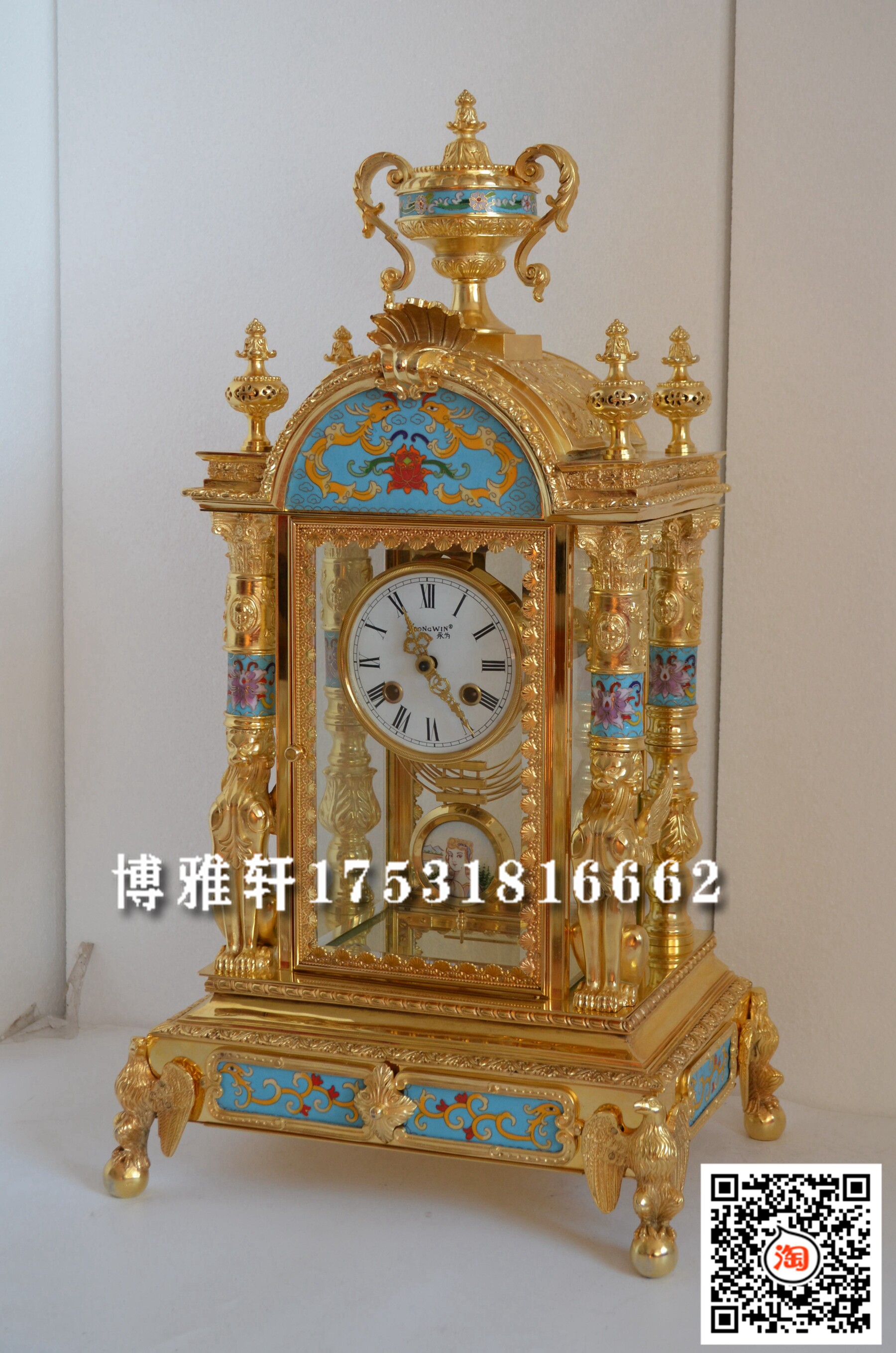德国赫姆勒机械座钟纯铜发条镀真金家居客厅壁炉条案台钟景泰蓝钟