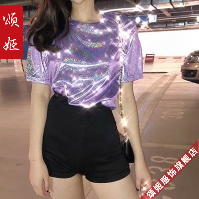 颂姬变色反光闪闪亮丝bling亮面短袖t恤女夏宽松大码闪光丝打底潮
