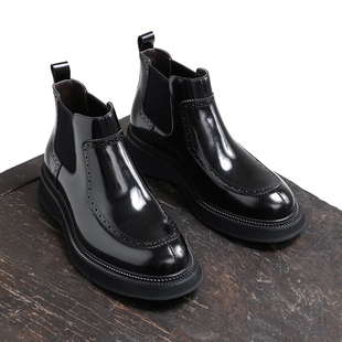 秋冬英伦亮皮切尔西靴男靴布洛克雕花复古短靴子男士真皮高帮皮鞋