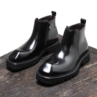 亮皮短靴子方头高帮皮鞋 正装 真皮靴加绒男靴 英伦切尔西靴男士 冬季