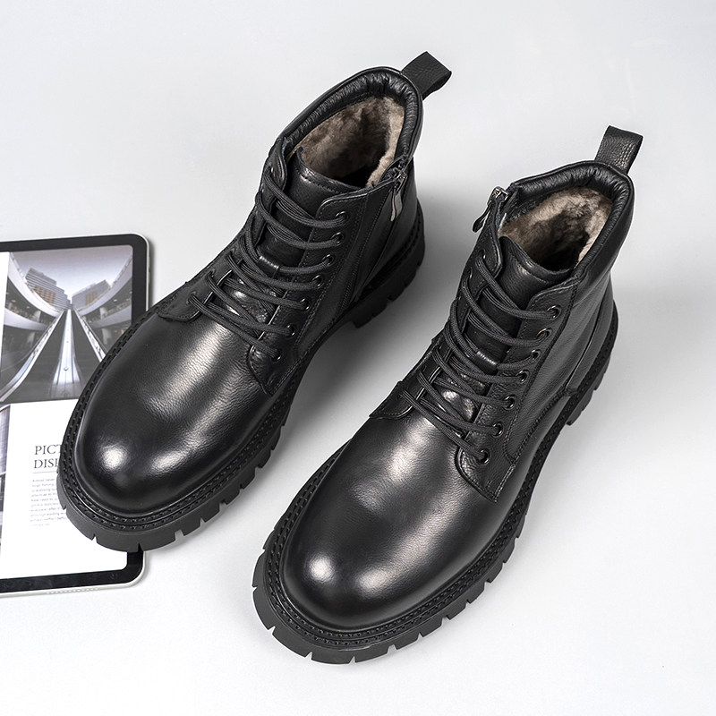 冬季英伦马丁靴男靴真皮短靴子男士皮毛一体雪地靴高帮羊毛棉皮鞋