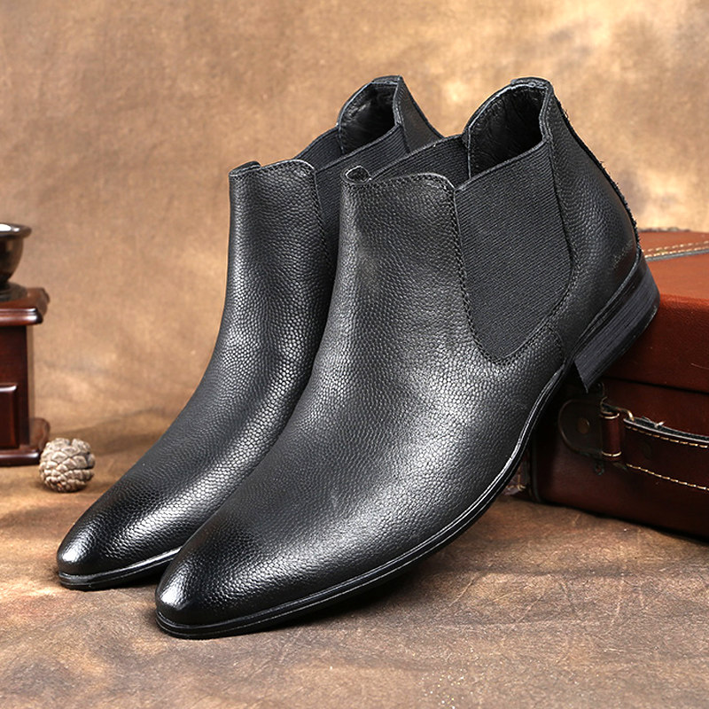 冬季牛皮短靴子男靴英伦切尔西靴真皮圆头套筒皮靴黑色高帮皮鞋潮
