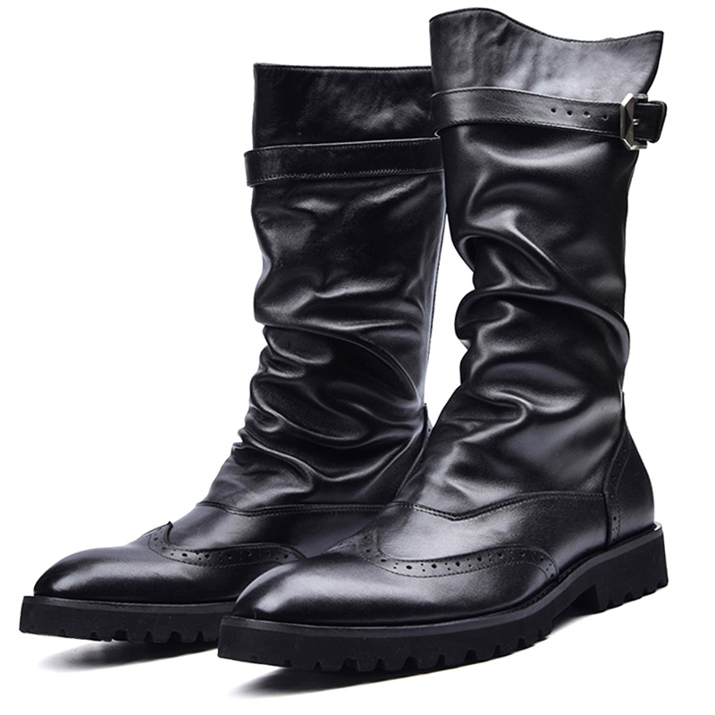 秋冬牛皮高筒靴男靴真皮长靴子男牛仔靴长筒靴褶皱皮靴尖头马丁靴