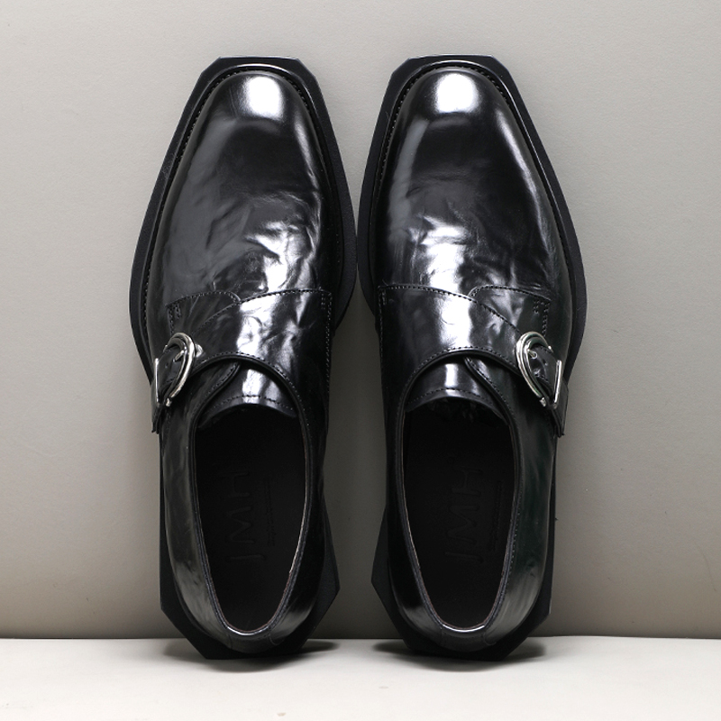 高端做旧胎牛皮男鞋英伦商务正装皮鞋男士真皮透气方头搭扣增高鞋