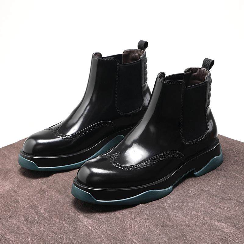 秋冬英伦切尔西靴男靴亮面真皮短靴男士头层牛皮靴子雕花高帮皮鞋