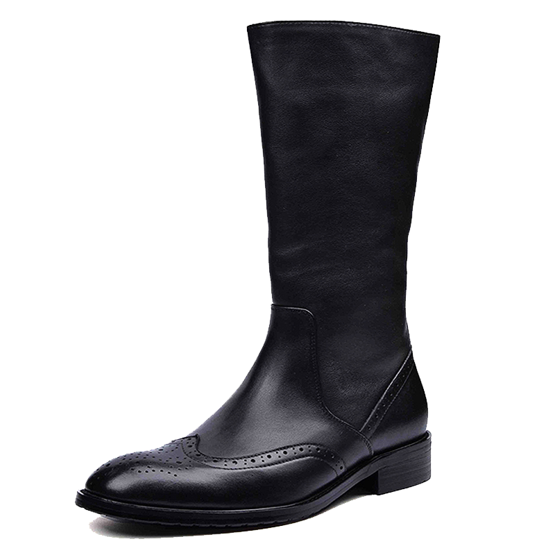 秋冬真皮长筒靴男靴长靴子尖头马丁靴男高筒牛仔靴英伦布洛克皮靴
