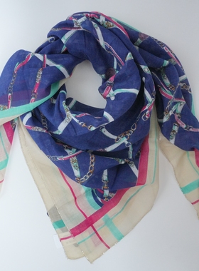 ZAR*藏蓝色底链条印花银丝边柔软丝滑多色围巾高级感文艺气质纯棉