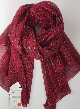 ZAR*暗红色豹纹轻奢复古轻盈保暖柔软舒适拍照围巾大尺寸个性