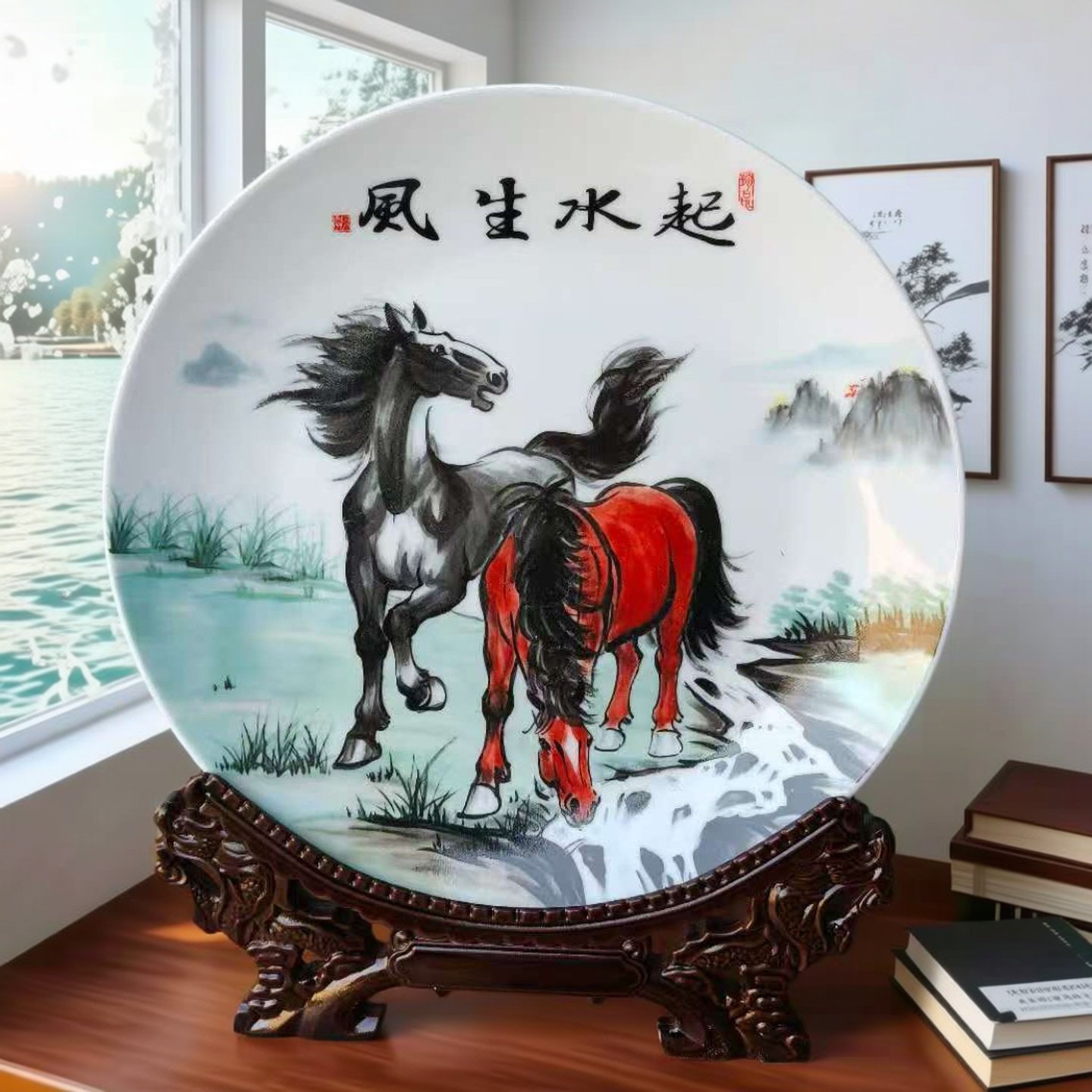 中式风生水起马装饰盘景德镇陶瓷器工艺品客厅摆件挂盘玄关坐盘,家居饰品,装饰坐盘/挂盘,淘宝优惠券,粉丝福利购,淘宝优惠卷