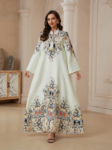 Bohemian Dress复古印花长裙珍珠流苏宽松长裙中东遮肉显瘦连衣裙