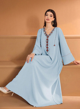 阿拉伯服饰女装V字领大气晚礼服天蓝色镶钻异域风情women robe