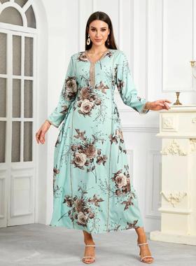 Musilin女装新款V领长裙长袍印花长裙金边连衣裙中亚