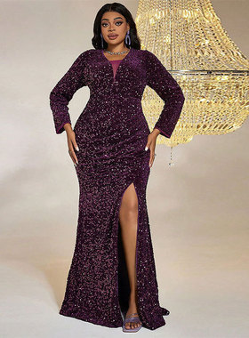 KY660跨境紫色V领拖尾礼服欧美亚马逊速卖通性感高开叉大码连衣裙