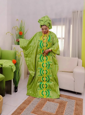 2026非洲绣花宽松袍子带头巾女装大码长袍plus size 200斤连衣裙