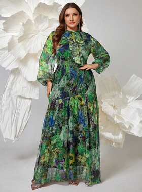 绿色小碎花长裙子中东女装印花长款时尚优雅大码高个子女连衣裙