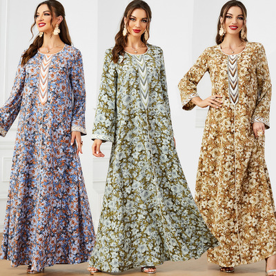 中东沙特阿拉伯长袍时尚印花长裙迪拜小碎花直筒H型摩洛哥连衣裙