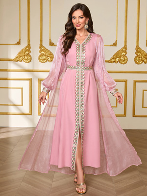 粉色迪拜优雅开衫长裙跨境中东拉阿伯时尚长袍外贸两件套连衣裙子