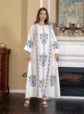 ZD040外贸女装印花长袍连衣裙Abaya