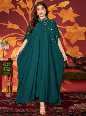 绿色短袖拖地迪拜连衣裙子中东女装连衣裙烫钻长袍晚礼服优雅长裙