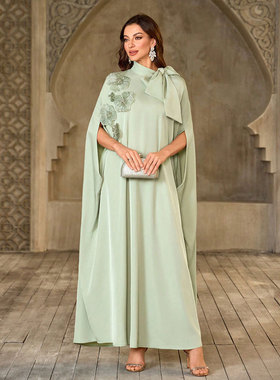 浅绿色演出服舞台服异域风情中东女士连衣裙纯色阿拉伯罩袍长裙