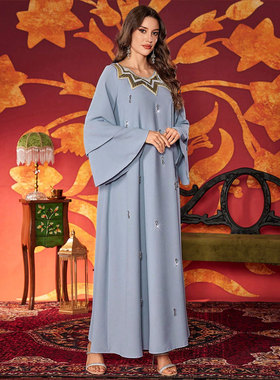 天蓝色高个子女连衣裙时尚钉珠亮片宴会荷叶袖直筒H型clothes长裙