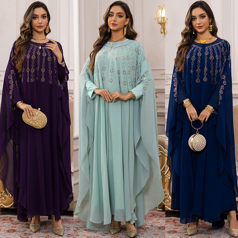 women dress clothing服饰迪拜烫钻钉珠披肩连袖斗篷连衣裙 dress