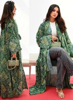 MQ164modest阿拉伯长袍印花外套披风时尚外贸中东女装Abaya含头巾