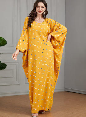 3528中东阿拉伯黄色印花蝙蝠袖休闲居家女士超宽松Muslim连衣裙