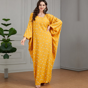 3528中东阿拉伯黄色印花蝙蝠袖休闲居家女士超宽松Muslim连衣裙