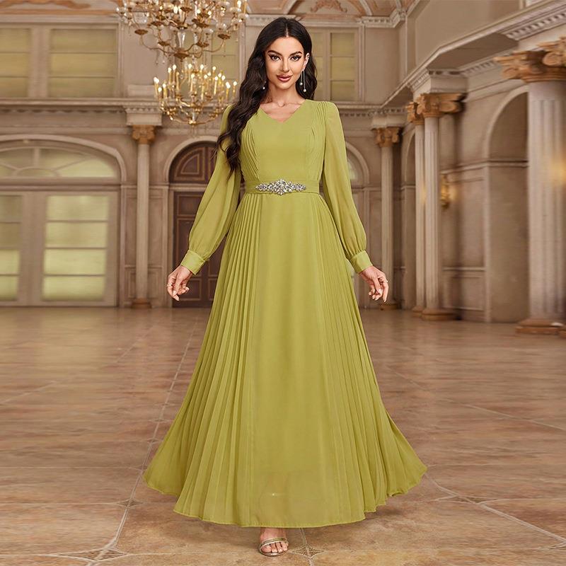 KY1593时尚欧美雪纺钉珠灯笼长袖V领收腰显瘦a字雪纺连衣裙晚礼服