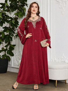 大红色连衣裙结婚中东大码阿拉伯土耳其长衫V领刺绣节日服饰长裙