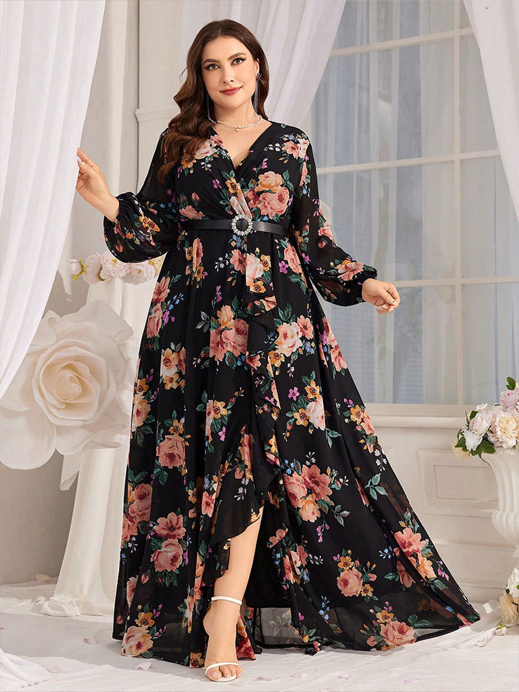 欧美大码连衣裙花朵印花V领灯笼袖中东长裙250斤胖妹妹拖地长裙子