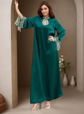 Arab阿拉伯迪拜女装时尚立领长袖手缝钻连衣裙绿色新款晚礼服长裙