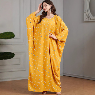3528阿拉伯黄色印花蝙蝠袖休闲居女士超宽松Muslim连衣裙