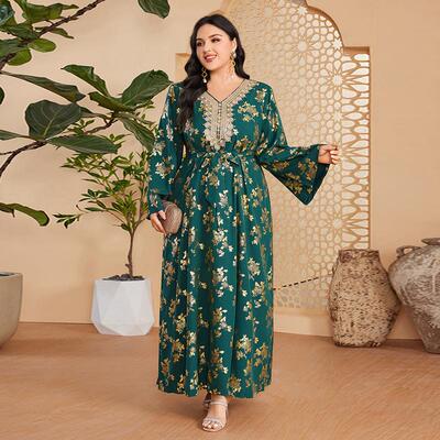 DD23074V领烫金喇叭袖收腰宽松长款连衣裙