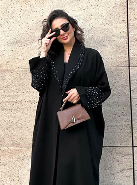 modest阿拉伯迪拜女装黑色外套重工烫钻长袍印度indian时尚开衫