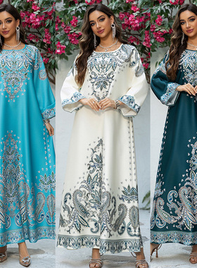 中东长袍印花定位花烫钻女装连衣裙中东长袍Printed robe clothes