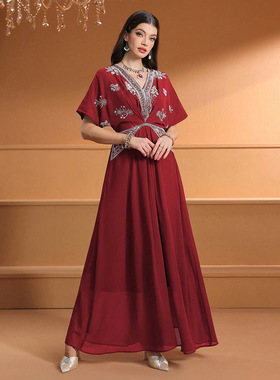 大红色新娘结婚收腰长裙v领演出纯色烫钻中东阿拉伯镶钻连衣裙潮