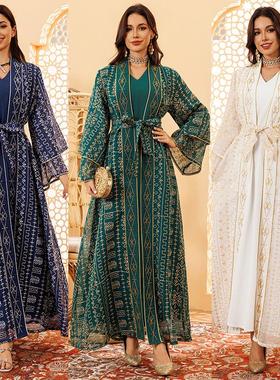 AB445 长袍网纱刺绣迪拜沙特连衣裙优雅两件套长袍