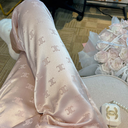 粉色醋酸缎面冰丝阔腿裤女春夏季高腰垂感宽松印花直筒抖抖拖地裤