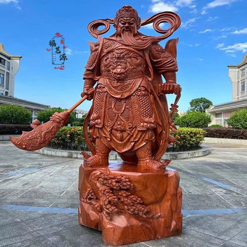 大型关公武财神弥勒佛木雕摆件