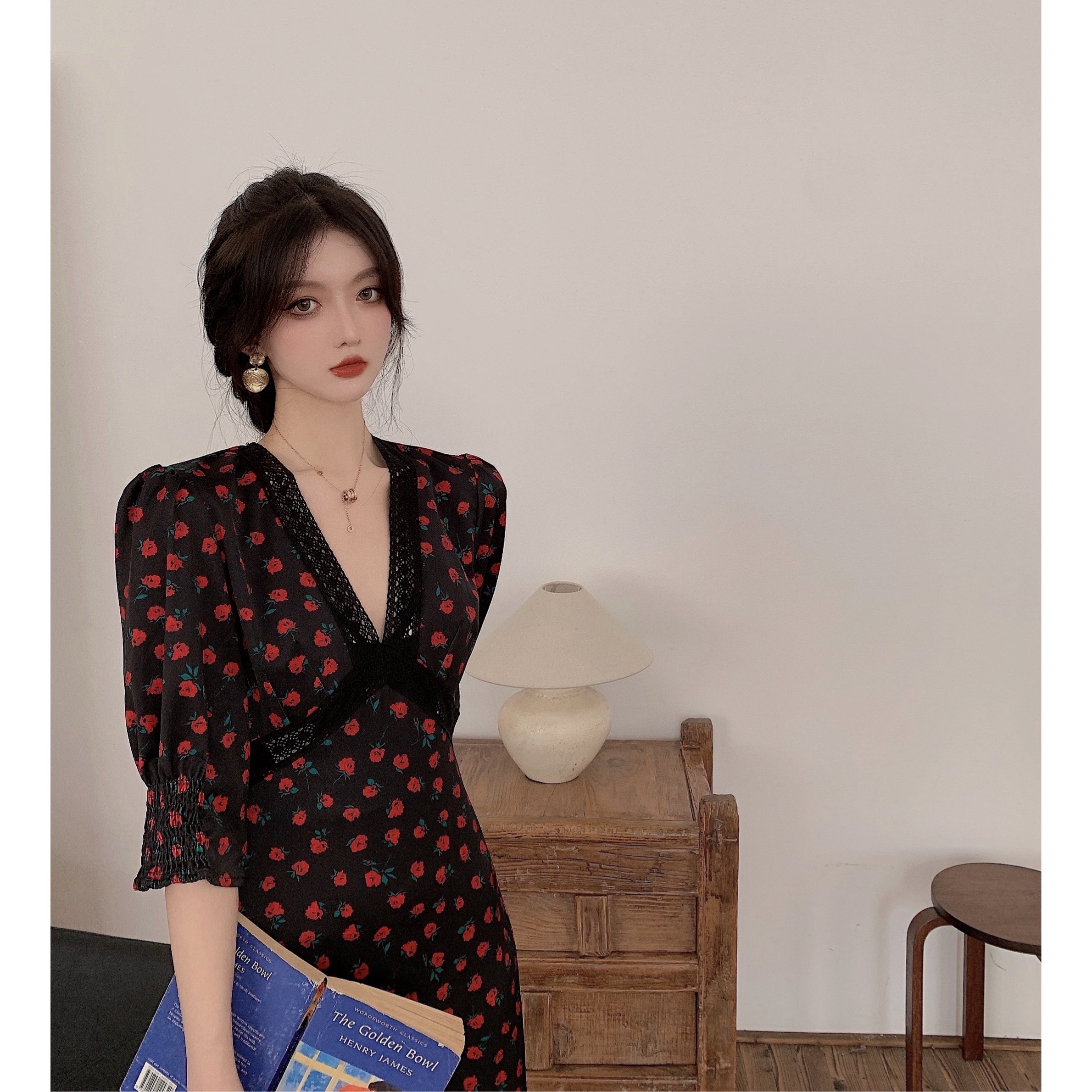 Real price real shot black print waist show thin niche French dress female