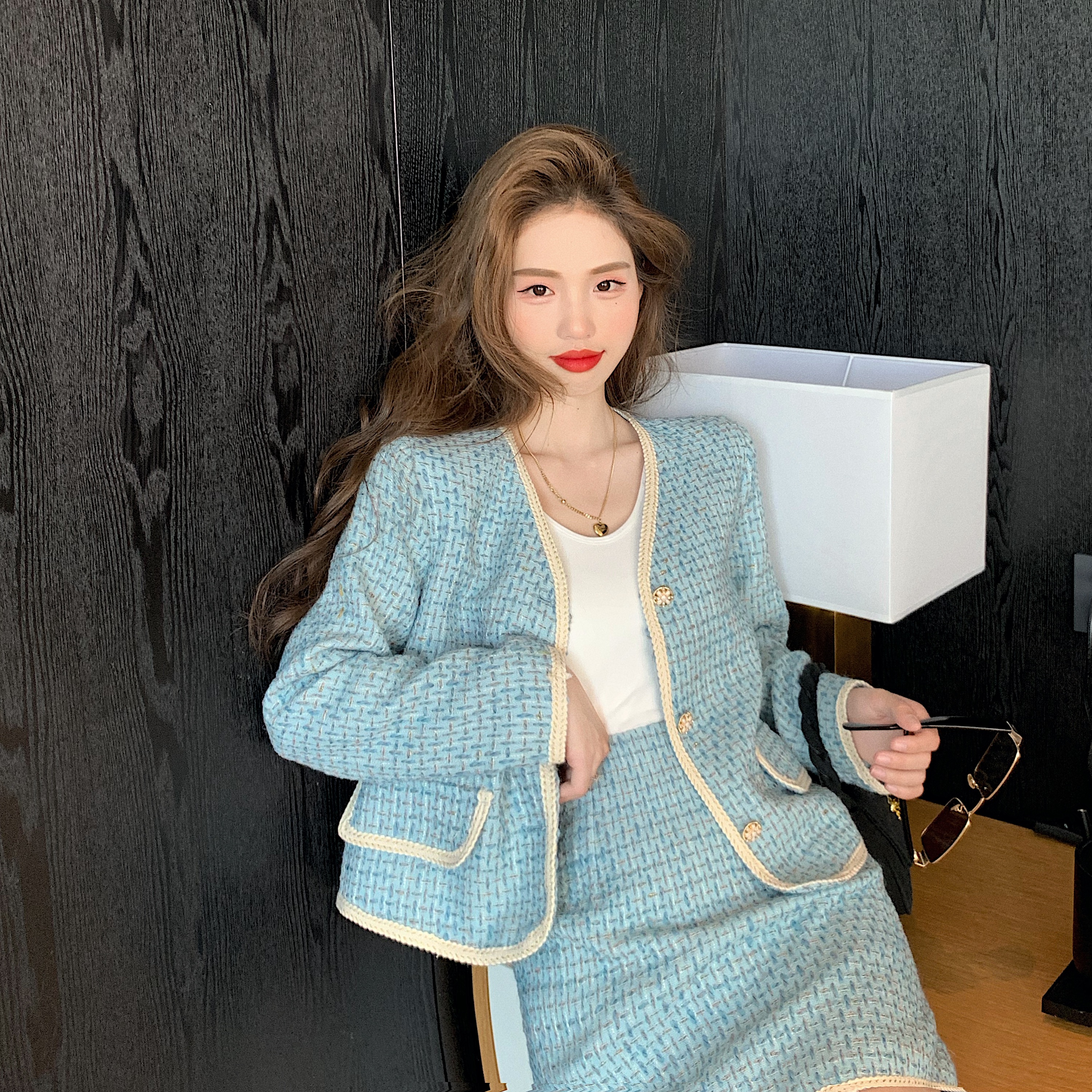 Real price real shot casual suit women's knitting cardigan coat high waist show thin foreign style skirt two piece set